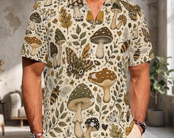 Botanical Mushroom Hawaiian Shirt, Butterfly Bee Button Down, Cottagecore Forest Aloha Shirt, Nature Lover Vacation Wear