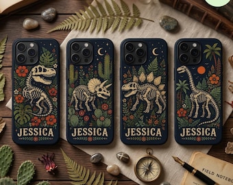 Personalized Dinosaur Phone Case, Custom Name Floral Dino Skeleton Cover, T Rex Triceratops Fossil Case for iPhone and Samsung