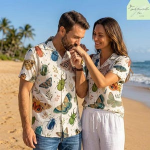 Retro Insect Print Summer Shirt for Men, Cottagecore Botanical Bug Button Up, Unique Husband Birthday Gift for Outdoorsman
