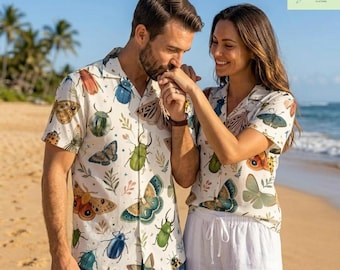 Chemise d'été rétro à imprimé insecte pour homme, insecte botanique Cottagecore boutonné, cadeau d'anniversaire de mari unique pour amateur de plein air