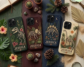 Personalized Dinosaur Phone Case, Custom Name Fossil Skeleton Case, Botanical Prehistoric Cover for iPhone and Samsung, Paleontology Gift