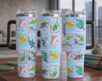 Shark 40oz Tumbler with Handle, Vintage Shark Species Travel Mug, Tropical Ocean Stainless Steel Cup, Coastal Beach Gift for Shark Lovers
