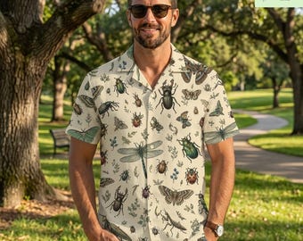 Vintage Dragonfly  Butterfly Hawaiian Shirt, Men's Insect Pattern Summer Shirt