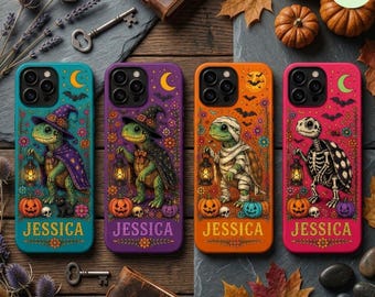 Personalized Halloween Turtle Phone Case, Custom Name Witch Turtle Case, Cute Spooky Pumpkin Cover for iPhone and Samsung