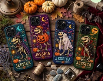 Personalized Spooky Dinosaur Phone Case, Custom Name Halloween Dino Skeleton Cover, Cute Fossil T Rex Case for iPhone and Samsung