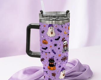 Cute Halloween Ghost Cat 40oz Tumbler, 40oz Spooky Skeleton Pumpkin Stainless Steel Mug, Kawaii Purple Coffee Cup with Handle, Fall Gift