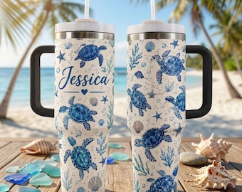 Watercolor Sea Turtle Beach Tumbler, Custom Turtle 40oz Stainless Steel Tumbler, Ocean Life Mug, Tropical Turtle Gift, Coastal Beach Cup