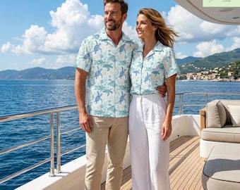 Matching Couple Sea Turtle Hawaiian Shirts | Tropical Cruise Button Up Apparel