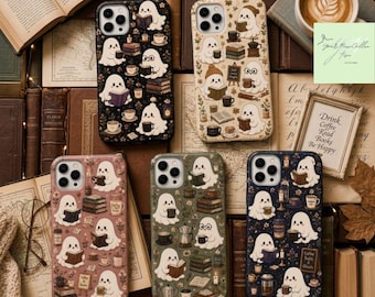 Cute Ghost Reading Phone Case, Cozy Coffee iPhone Cover, Autumn Cottagecore Halloween Case, Fall Aesthetic Halloween Gift for Readers
