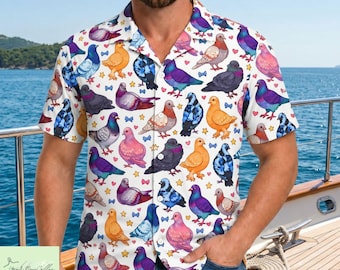 Colorful Pigeon Hawaiian Shirt for Men, Funny Bird Lover Button Up Shirt, Tropical Summer Vacation Shirt, Cute Dove Pattern Aloha Shirt