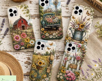 Farmhouse Floral Phone Case, Rustic Country 15 16 17 Pro iPhone Case, Vintage Wildflower Barn Samsung Cover, Cottagecore Farm Life Case