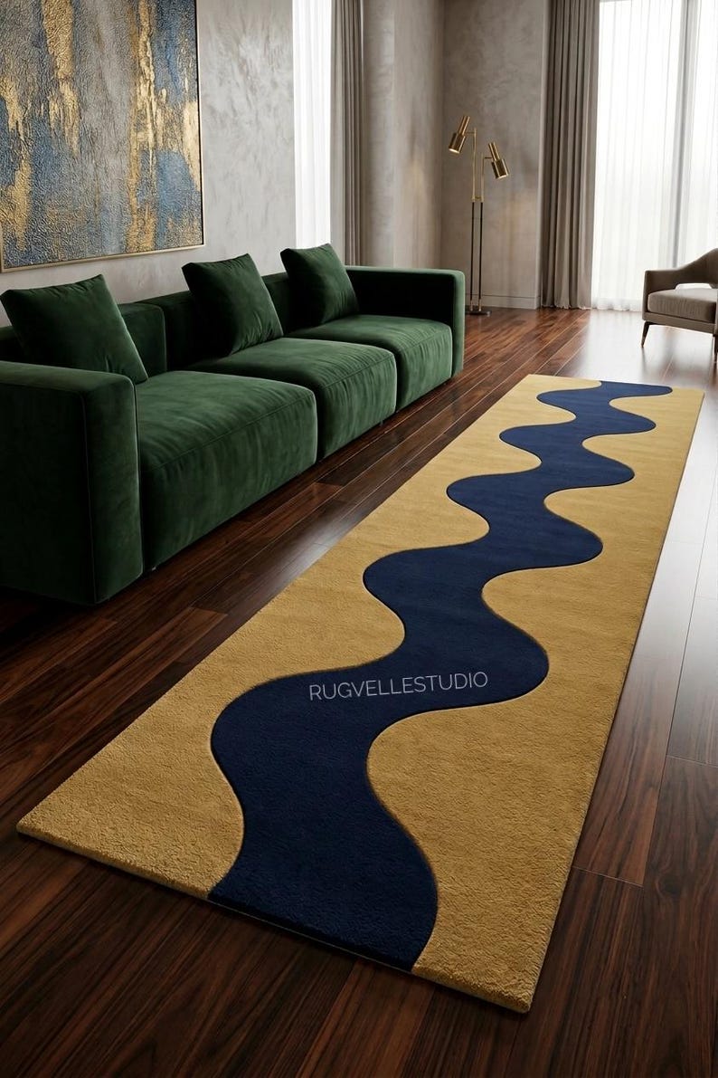 Hand Woven Wool Runner Rug, Modern Abstract Navy Gold Wave Carpet - Etsy UK