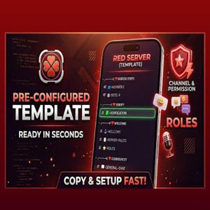 May include: A digital graphic featuring a smartphone displaying a Red Server template with text including Pre-Configured Template, Ready in Seconds, and Copy & Setup Fast. The interface shows server stats, verification, and roles with icons.