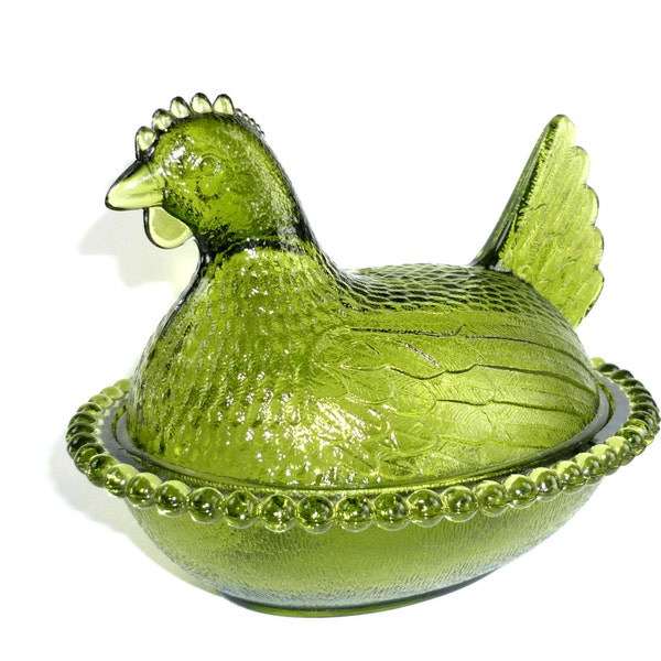 Vintage Avocado Green Chicken Nesting Dish From Indiana Glass Company