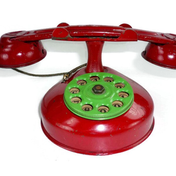 Vintage Tin Toy Telephone Red with a Green Rotary Dial