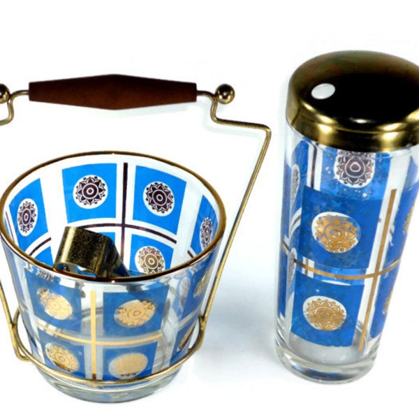 Mid Century Glass Ice Bucket and Drink Shaker Bar Set Blue and Gold