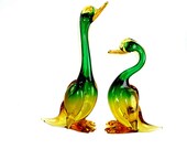 Pair of Vintage Sommerso Murano Ducks Green and Yellow Art Glass