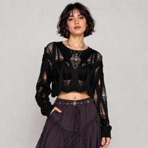 Black Hollow Knit Crop Top, Knitted Gothic Jumper for Women, Alternative Fashion