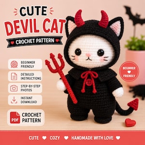 May include: A crochet pattern for a white cat wearing a black hooded devil costume with red horns, a red trident, and a red tail. The text reads CUTE DEVIL CAT CROCHET PATTERN, BEGINNER FRIENDLY, DETAILED INSTRUCTIONS, STEP-BY-STEP PHOTOS, INSTANT DOWNLOAD.
