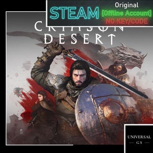 Op de afbeelding: Een digitale gamecover voor Crimson Desert met een centrale krijger die een zwaard en schild vasthoudt, een kleiner figuur links, een draak op de achtergrond en de tekst STEAM [Offline Account] NO KEY/CODE en UNIVERSAL GS.