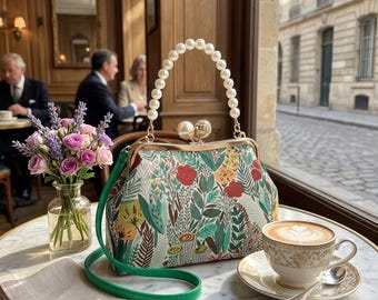 Vintage Embroidered Flower Handbag, Pearl Chain Crossbody Purse, Retro Kiss Lock Clutch, Floral Shoulder Bag, Wedding Evening Wallet
