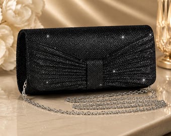 Evening Clutch Bag for Women Sparkling Party Handbag Wedding Purse with Detachable Chain Elegant Bridesmaid Bag Black Tie Bag Glam Purse