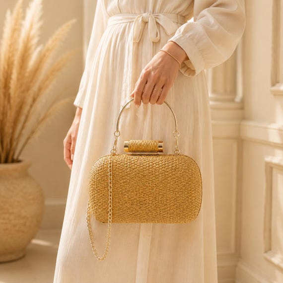 Handwoven Straw Clutch Purse: Raffia Wicker Evening Bag for Weddings, Parties, Beach