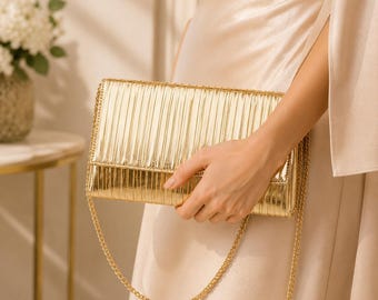 Gold Pleated Clutch, Evening Bag for Wedding Party, Formal Handbag
