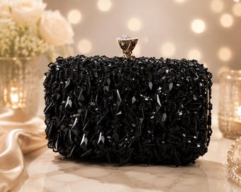 Women Bling Evening Bag–Black Beaded Sequin Clutch Cocktail Wedding Prom Bridal Handbag glamorous bag elegant purse evening bag cocktail