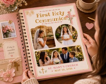 First Holy Communion Scrapbook Page Template | Editable Pink Catholic Photo Collage (Digital Download)