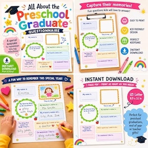 Pode incluir: Um questionário imprimível All About the Preschool Graduate com seções coloridas para o nome da criança, autorretrato, nome do professor, amigos, atividades escolares favoritas e aspirações futuras em formato PDF.