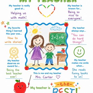 Pode incluir: Uma folha de atividades imprimível All About My Teacher com um desenho central de um professor e um aluno, um quadro-negro verde com 2+2=4 e vários campos preenchidos com texto manuscrito, incluindo Mrs. Carter, Liam e a data 21 de maio de 2024.