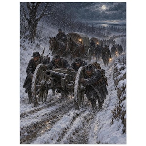 Könnte beinhalten: Ein historisches Gemälde, das Soldaten in dunklen Wintermänteln zeigt, die bei Nacht eine große Artilleriekanone auf Holzrädern durch einen tief verschneiten Pfad schieben. Eine Reihe von Pferdewagen und Figuren folgt unter dem Vollmond.