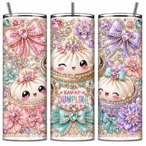 May include: A cylindrical tumbler with a straw featuring a repeating pattern of smiling dumplings, sparkling bows, and floral accents in pastel pink, purple, and teal. The design includes the text "KAWAII DUMPLING" and numerous embedded faux gemstones and pearls.
