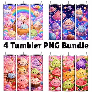 May include: A digital bundle of four tumbler designs featuring colourful, cartoon-style dumplings with expressive faces. The themes include rainbows with clouds, outer space with flying saucers, sweet desserts with pastries, and fresh fruit arrangements.