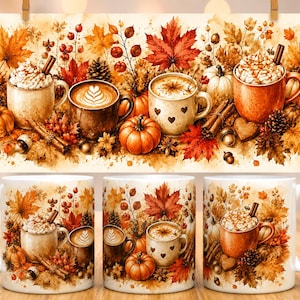 May include: Three white ceramic mugs featuring a wrap-around watercolour print of autumn scenes. The design includes orange pumpkins, red maple leaves, pinecones, cinnamon sticks, and mugs filled with whipped cream and coffee beverages.
