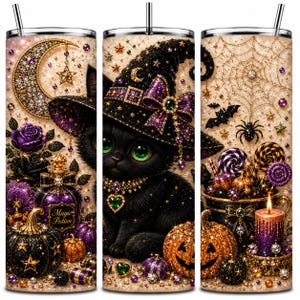 May include: A cylindrical tumbler with a straw featuring a black cat wearing a purple witch hat, surrounded by pumpkins, a magic potion bottle, a spider web, lollipops, and a candle. The design includes gold stars, moons, and purple roses.