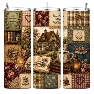 Gobelet isotherme Cottagecore pour amoureux des livres, motif patchwork vintage (20 oz, format fin)