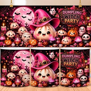 Può includere: Una tazza in ceramica bianca con una vivace grafica a tema Halloween che mostra un raviolo centrale con un cappello da strega rosa. Il design include piccoli fantasmi, zucche, candele e il testo DUMPLING WITCH PARTY su uno sfondo lunare rosa.