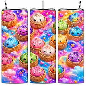 May include: A cylindrical tumbler featuring a vibrant galaxy background with colourful, smiling dumpling characters in bamboo steamers, accented by small stars, hearts, and clouds. The design includes a metal straw and a clear lid on top.