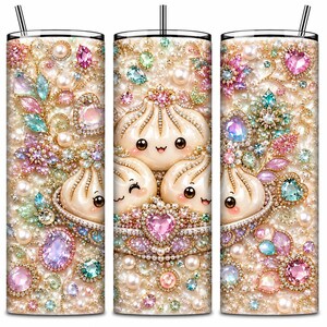 3D Kawaii Dumpling Jewel Tumbler Wrap PNG | Luxuriöses Pastell-Edelstein-Bao-Bun-Perlen-Gold-20oz-Skinny-Tumbler-Sublimationsdesign