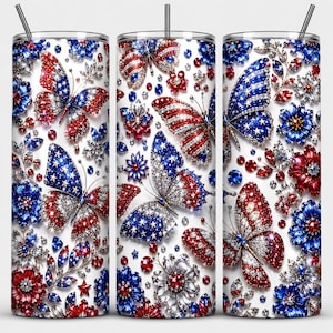 Patriotic Butterfly Tumbler Wrap 20oz Skinny Tumbler Sublimation Design PNG, 4th of July 3D Glitter Jewel Flowers Strass Digital Download