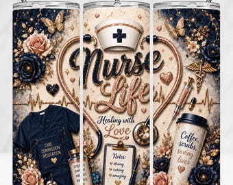 Nurse Life 20oz Tumbler Wrap PNG, Luxury Navy Gold Nursing Sublimation, Glitter Coffee Scrubs Saving Lives Tapered Straight Digital File