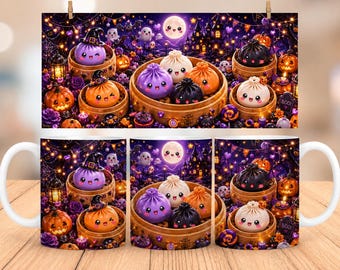 Diseño PNG de envoltorio para taza con diseño de dumpling de Halloween estilo Kawaii / Diseño de sublimación de bollo Bao espeluznante (descarga digital)