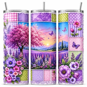 May include: Three cylindrical tumblers with straws featuring a patchwork design of purple, pink, and green patterns. The graphics display a landscape with a blooming pink tree, lavender fields, mountains at sunset, butterflies, and floral bouquets.