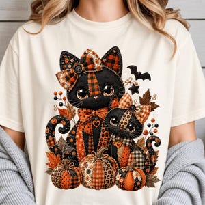 3D Quilted Patchwork Black Cat Kitten Pumpkins Halloween PNG (Digital Download)