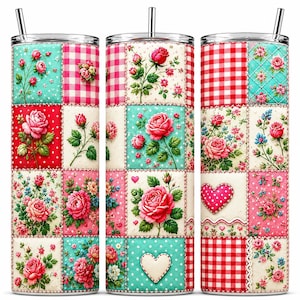 Diseño PNG de envoltura floral estilo shabby chic para vaso, diseño de vaso de 20 oz con patchwork de rosas rojas, estampado recto de sublimación con flores de corazón a cuadros vichy