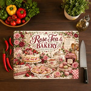 Könnte beinhalten: Ein rechteckiges Schneidebrett mit einer Rose Tea & Bakery Illustration, die einen Erdbeerkuchen, florales Geschirr, Macarons und ein Rezept für Shortbread-Kekse zeigt. Das Design umfasst rosa Rosen, rote Beeren und ein kariertes Tuch.