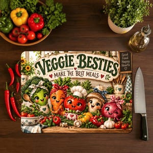 May include: A rectangular chopping board featuring a cartoon illustration of anthropomorphic vegetables with the text "VEGGIE BESTIES MAKE THE BEST MEALS" and "Good Food Happy Hearts". The design includes a broccoli, carrot, tomato, mushroom, and onion.