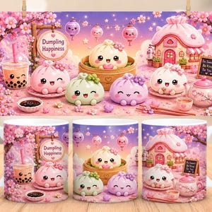 May include: Three white ceramic mugs featuring a colorful illustration of anthropomorphic dumplings with faces, a bubble tea, a small pink house, and hanging lanterns under cherry blossom trees. The text reads Dumpling Happiness and Be Sweet Be Kind Be You.